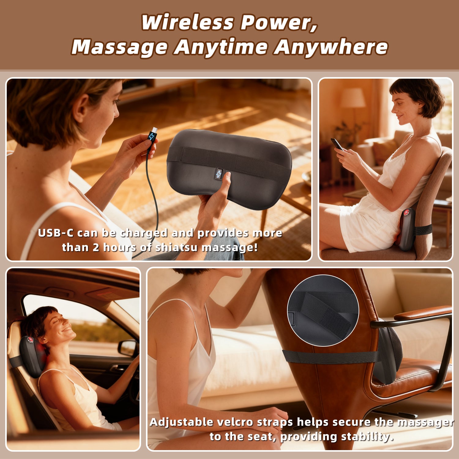Zenopax Shiatsu Back and Neck Massager with Heat,  3D Deep Tissue Kneading, Cordless Rechargeable Electric Massage Pillow for Muscle Pain Relief, Use at Home, Car, Office, Gifts for Men Women