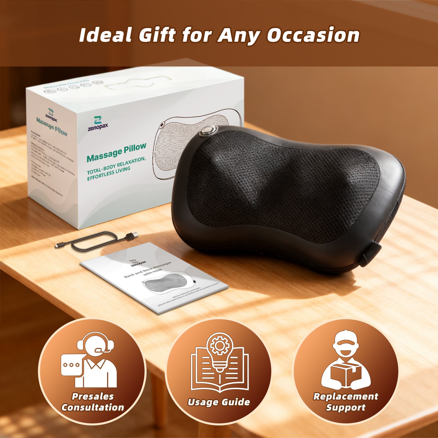 Zenopax Shiatsu Back and Neck Massager with Heat,  3D Deep Tissue Kneading, Cordless Rechargeable Electric Massage Pillow for Muscle Pain Relief, Use at Home, Car, Office, Gifts for Men Women